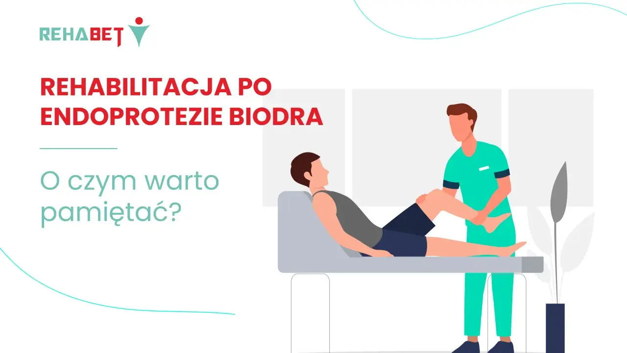 Rehabilitacja po endoprotezie biodra: fizjoterapeuta pomaga pacjentowi w ćwiczeniach.