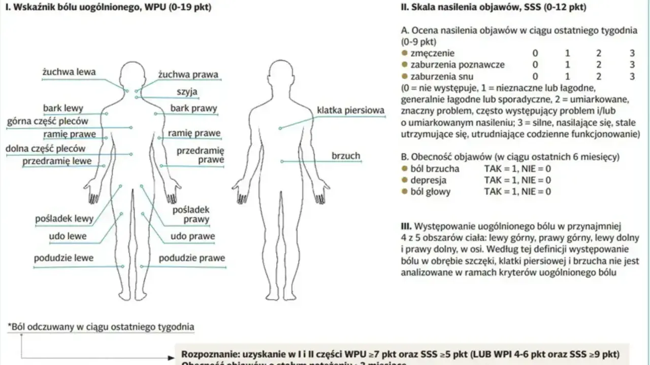 Schemat ciała z zaznaczonymi obszarami bólu, pomocny w ocenie fibromialgii.