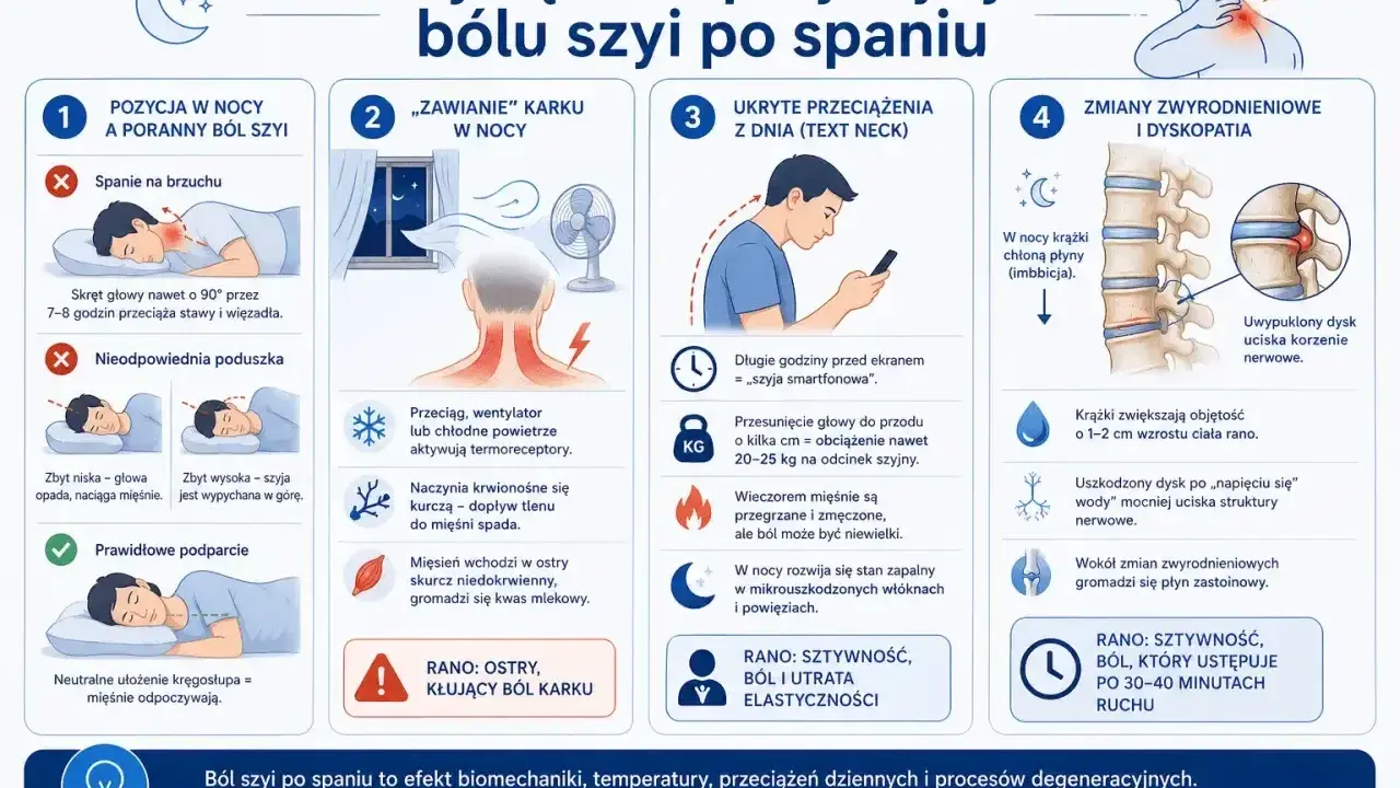 Ból szyi po spaniu: zła pozycja, przeciągi, "szyja smartfonowa" i zmiany zwyrodnieniowe to główne przyczyny.
