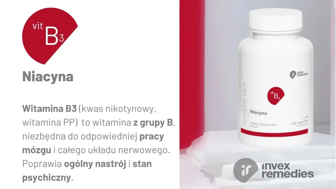 Niacyna, czyli witamina PP, wspiera pracę mózgu i układu nerwowego. Opakowanie suplementu diety.