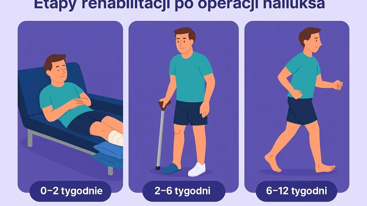 Etapy rehabilitacji po operacji haluksa: odpoczynek (0-2 tyg.), chodzenie o kulach (2-6 tyg.), powrót do aktywności (6-12 tyg.).