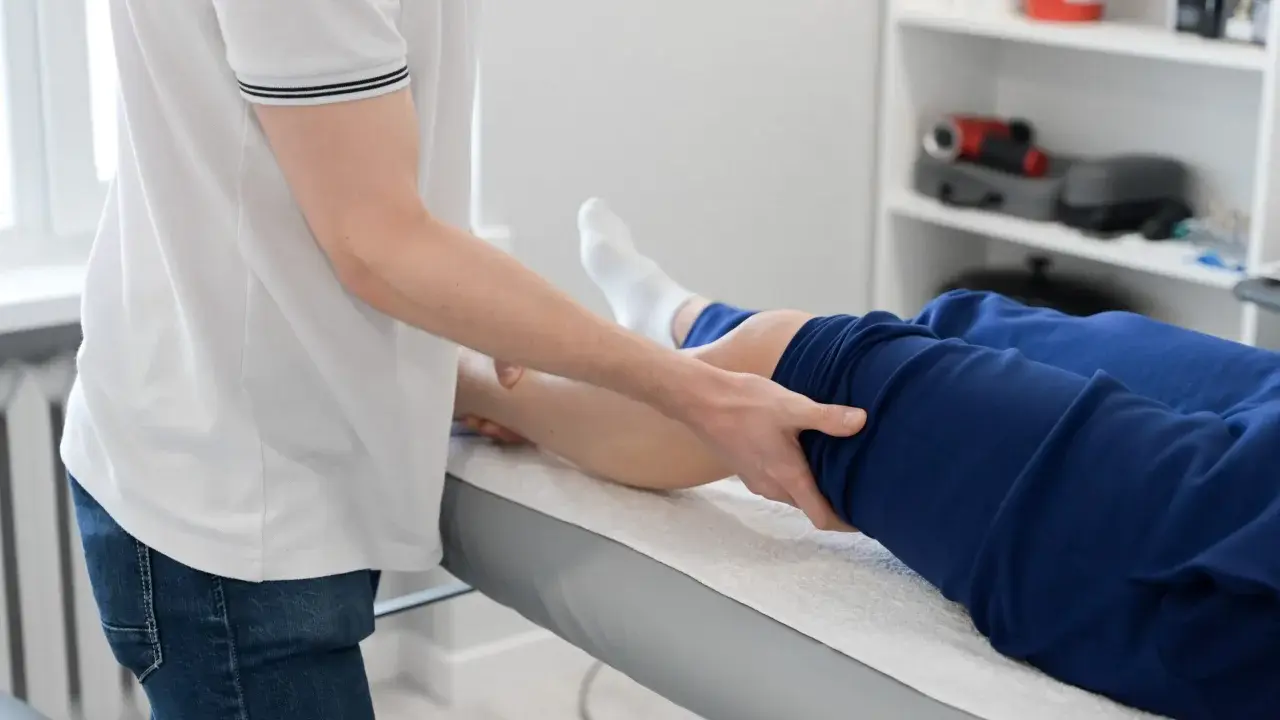 Fizjoterapeuta wykonuje zabieg na nodze pacjenta. Fizjoterapia ambulatoryjna co to znaczy? To leczenie poza szpitalem, w przychodni.