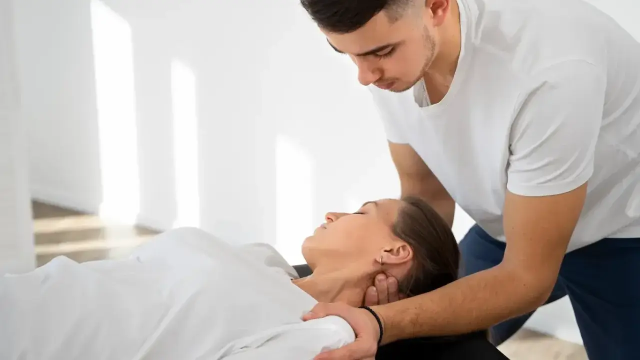 Fizjoterapeuta wykonuje terapię manualną szyi pacjentki. Czy fizjoterapeuta może wystawić receptę? To pytanie nurtuje wielu pacjentów.