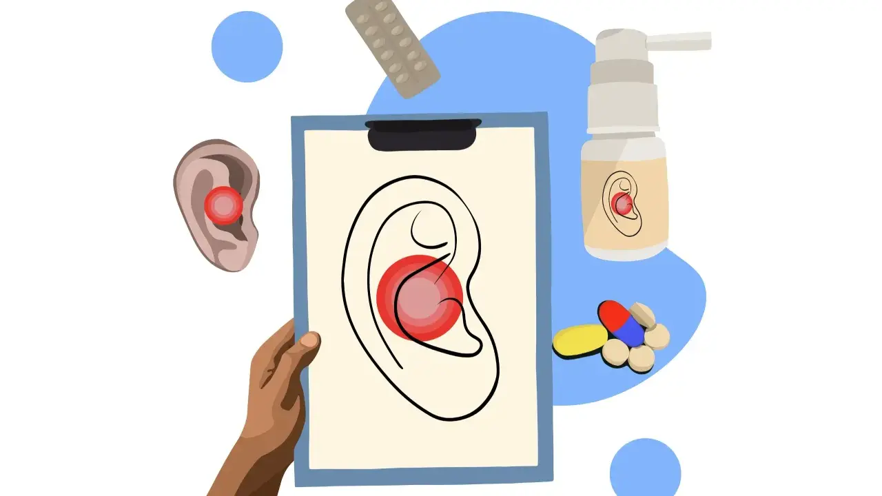 Ilustracja przedstawia sposoby na ból ucha bez recepty: krople, tabletki i plastry.