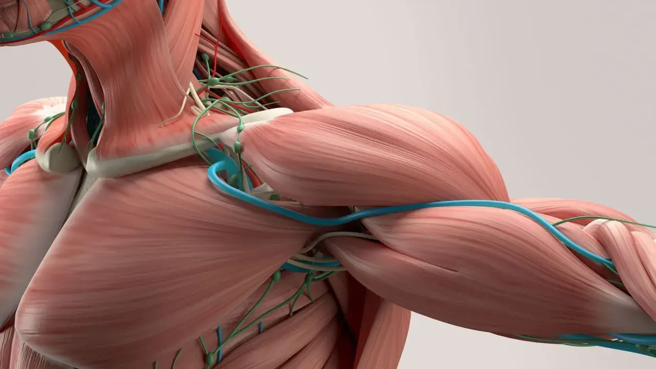 Anatomia barku i szyi z widocznymi mięśniami, naczyniami krwionośnymi i limfatycznymi. Widać gęstą sieć tkanki łącznej, czyli powięź, otaczającą struktury.