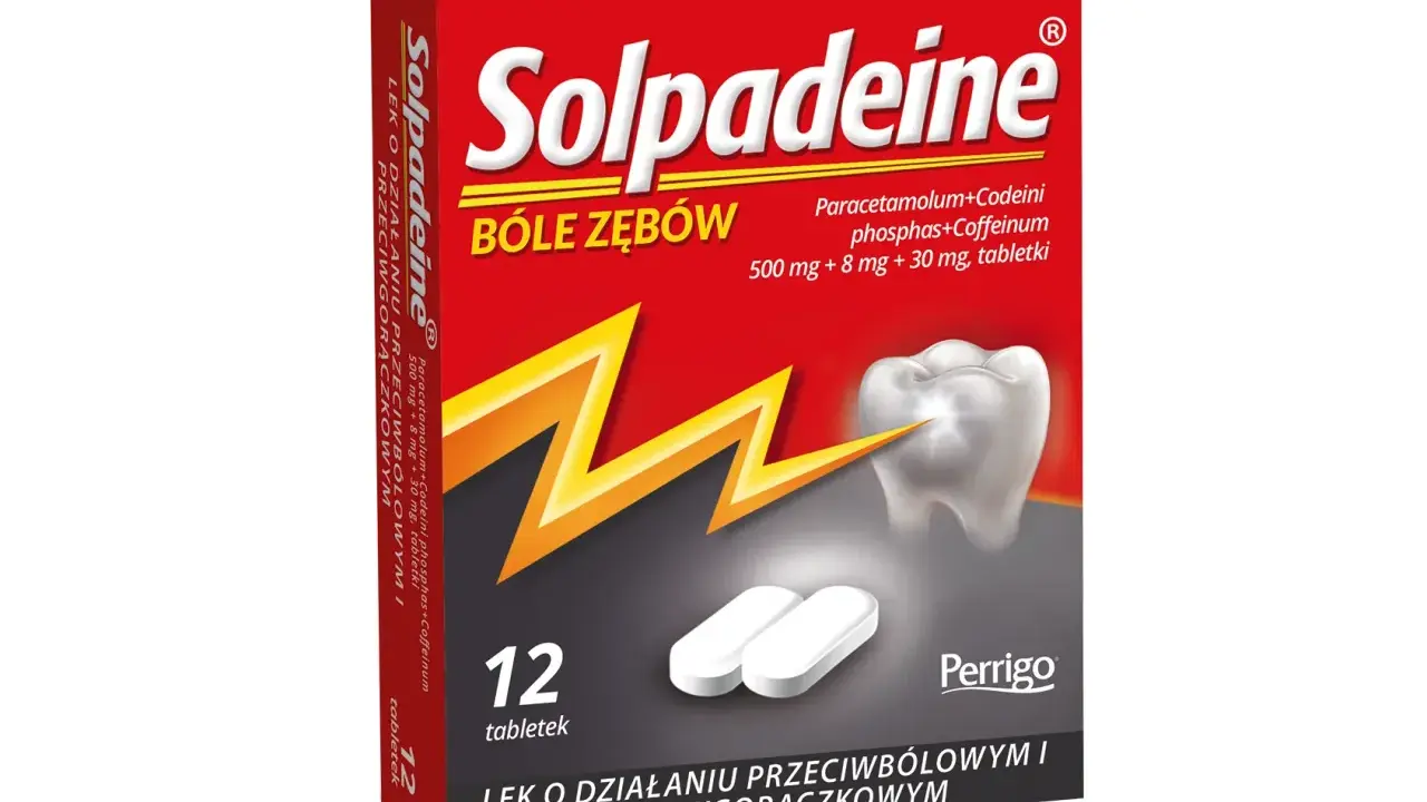 Opakowanie leku Solpadeine, zawierającego leki opioidowe, na bóle zębów. W zestawie 12 tabletek.