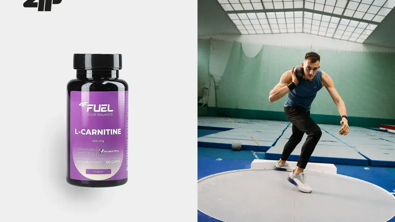 W butelce suplementu diety 4F FUEL L-CARNITINE, obok sportowca przygotowującego się do pchnięcia kulą.