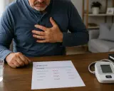 Mężczyzna z ręką na klatce piersiowej patrzy na wyniki badań lipidogramu. Rozważa tabletki na cholesterol na receptę.
