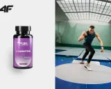 W butelce suplementu diety 4F FUEL L-CARNITINE, obok sportowca przygotowującego się do pchnięcia kulą.