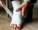 Osoba opatruje bandażem stopę, która mogła ulec skręceniu. Co to jest skręcenie? To uraz więzadeł.