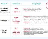 Tabela z parametrami morfologii z rozmazem: MCV, WBC, PLT. Podano normy i interpretacje wyników.