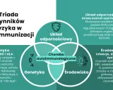 Diagram przedstawia triadę czynników ryzyka chorób autoimmunologicznych: genetykę, układ odpornościowy i środowisko.