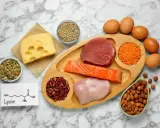 Lizyna co to? Na zdjęciu widać produkty bogate w lizynę: mięso, rybę, jajka, ser, soczewicę, fasolę, orzechy i pestki.
