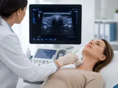 Lekarz wykonuje badanie USG tarczycy, które pomaga ocenić jej stan. To badanie TSH co to jest, jest kluczowe w diagnostyce chorób tarczycy.