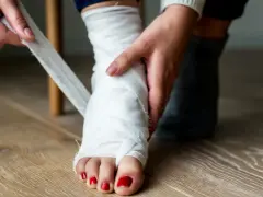 Osoba opatruje bandażem stopę, która mogła ulec skręceniu. Co to jest skręcenie? To uraz więzadeł.