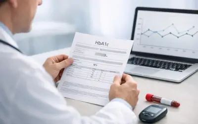 Lekarz analizuje wyniki badania HbA1c, które wskazują na normę. Obok leży glukometr i probówka z krwią.