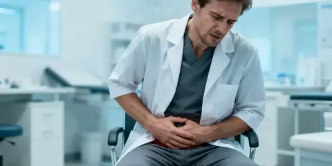 Mężczyzna w białym kitlu trzyma się za brzuch, cierpiąc. Objawy zerwania siatki po operacji przepukliny pachwinowej mogą być bolesne.