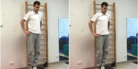 Mężczyzna wykonuje test na mięsień gruszkowaty, stojąc na stopniu.