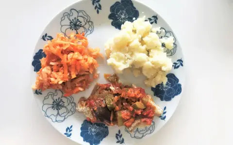 Lekki posiłek po kolonoskopii: ryba w sosie warzywnym, puree ziemniaczane i surówka z marchewki.