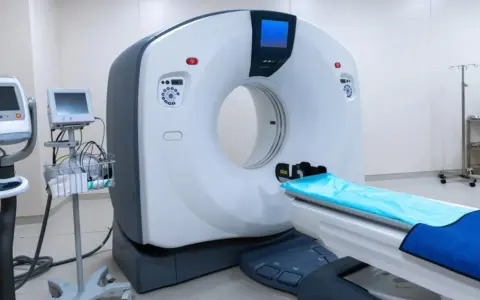 Nowoczesny aparat do tomografii komputerowej, gotowy do wykonania badania tomografia z kontrastem. Obok stoi stolik z wyposażeniem medycznym.