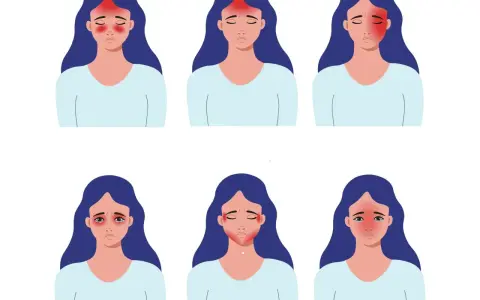Ilustracja sześciu kobiet z różnymi obszarami bólu głowy zaznaczonymi na czerwono.