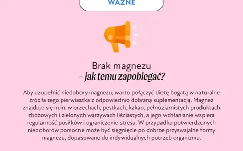 Grafika informuje o tym, jak zapobiegać brakowi magnezu. Wskazuje na dietę bogatą w orzechy, kakao i warzywa.