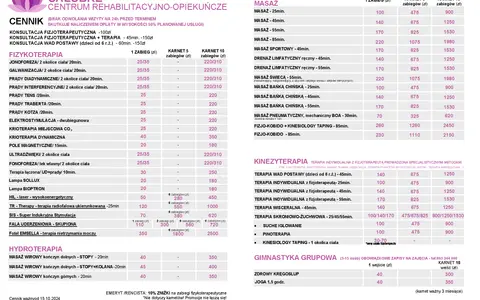 Cennik usług fizjoterapeutycznych: ile kosztuje wizyta u fizjoterapeuty? Ceny zabiegów od 25 zł, karnety 5 i 10 zabiegów.