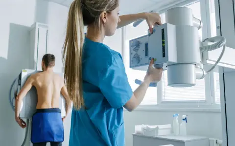 Technik przygotowuje aparat RTG do badania pacjenta. To właśnie RTG co to jest – badanie obrazowe wykorzystujące promieniowanie rentgenowskie.
