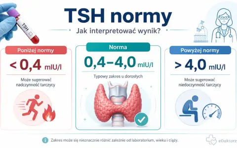 TSH normy: poniżej 0,4 mIU/I (nadczynność), 0,4-4,0 mIU/I (norma), powyżej 4,0 mIU/I (niedoczynność). Jak interpretować wynik?