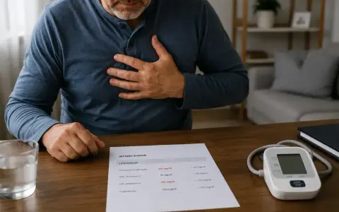 Mężczyzna z ręką na klatce piersiowej patrzy na wyniki badań lipidogramu. Rozważa tabletki na cholesterol na receptę.