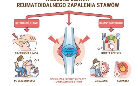 Wczesne objawy reumatoidalnego zapalenia stawów: sztywność stawu, opuchlizna, zmęczenie, gorączka, utrata apetytu.