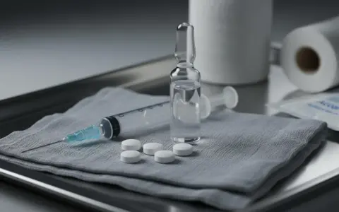 Strzykawka, ampułka z płynem, tabletki i wacik alkoholowy na tacy. Gotowość do podania leku, np. dexametazonu.