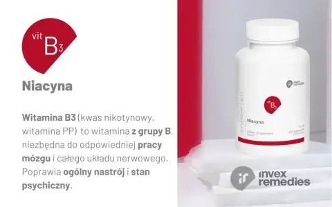 Niacyna, czyli witamina PP, wspiera pracę mózgu i układu nerwowego. Opakowanie suplementu diety.
