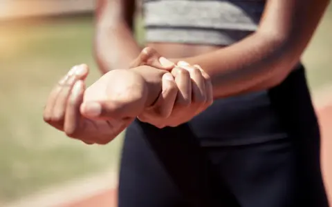 Sportowiec masuje bolący nadgarstek po skręceniu. Czy potrzebne będzie L4?