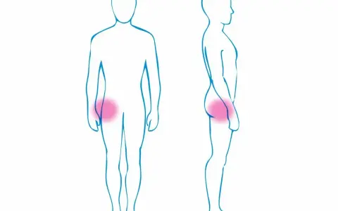 Ilustracje przedstawiające lokalizację bólu biodra na sylwetkach ludzkich z przodu i z boku.