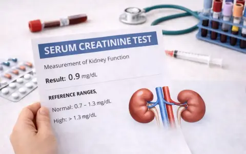 Wynik badania poziomu kreatyniny 0.9 mg/dL, wskazujący na prawidłową funkcję nerek. Obok wyniki badań, stetoskop, strzykawka i leki.