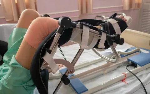 Pacjent po zabiegu z endoprotezą kolana w specjalistycznym urządzeniu rehabilitacyjnym, z bandażem na kolanie.