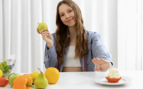 Dziewczyna trzyma jabłko, odrzucając ciastko. To ilustracja zasad postu przerywanego.