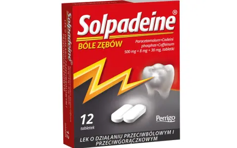 Opakowanie leku Solpadeine, zawierającego leki opioidowe, na bóle zębów. W zestawie 12 tabletek.