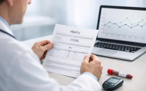 Lekarz analizuje wyniki badania HbA1c, które wskazują na normę. Obok leży glukometr i probówka z krwią.