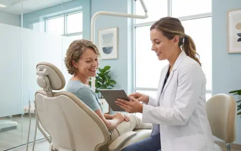 Dentystka w białym fartuchu pokazuje tablet pacjentce siedzącej na fotelu stomatologicznym.
