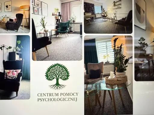 Kolaż zdjęć wnętrz gabinetów psychologicznych, z widocznymi fotelami, kanapami i roślinami.