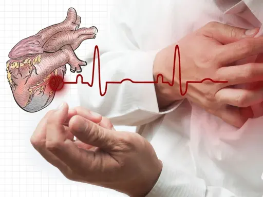 Ból lewej ręki może być objawem problemów z sercem. Rysunek serca i EKG na tle dłoni.