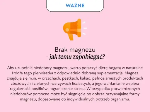 Grafika informuje o tym, jak zapobiegać brakowi magnezu. Wskazuje na dietę bogatą w orzechy, kakao i warzywa.