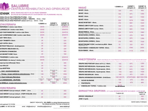 Cennik usług fizjoterapeutycznych: ile kosztuje wizyta u fizjoterapeuty? Ceny zabiegów od 25 zł, karnety 5 i 10 zabiegów.