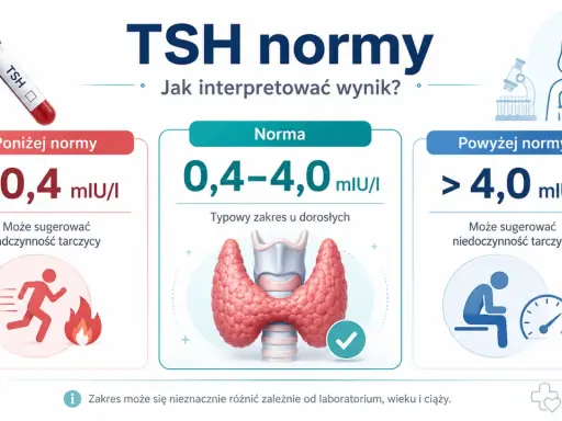 TSH normy: poniżej 0,4 mIU/I (nadczynność), 0,4-4,0 mIU/I (norma), powyżej 4,0 mIU/I (niedoczynność). Jak interpretować wynik?
