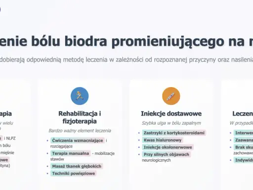 Leczenie bólu biodra promieniującego na nogę: farmakoterapia, rehabilitacja, iniekcje i leczenie operacyjne.