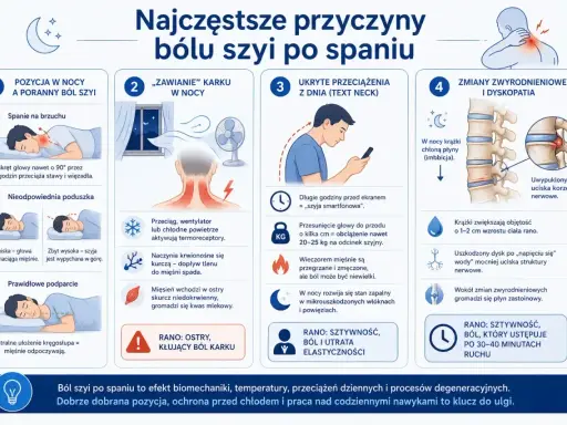 Ból szyi po spaniu: zła pozycja, przeciągi, "szyja smartfonowa" i zmiany zwyrodnieniowe to główne przyczyny.
