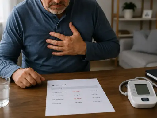 Mężczyzna z ręką na klatce piersiowej patrzy na wyniki badań lipidogramu. Rozważa tabletki na cholesterol na receptę.