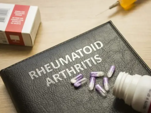 Na czarnej okładce z napisem "RHEUMATOID ARTHRITIS" leżą kapsułki. Obok znajduje się pudełko leków i strzykawka, sugerujące najnowsze leki na reumatoidalne zapalenie stawów.